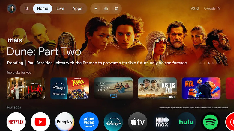 Google TV home screen showing a Dune: Part Two banner, streaming recommendations, and app icons.