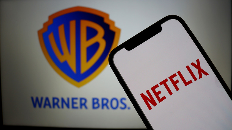 Netflix app displayed on smartphone with Warner Bros. logo in background