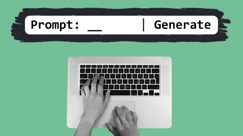Hands typing on keyboard generating AI prompt in a concept graphic