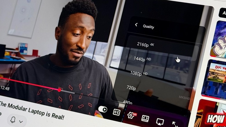 Close-Up of YouTube's image quality settings on a MacBook display