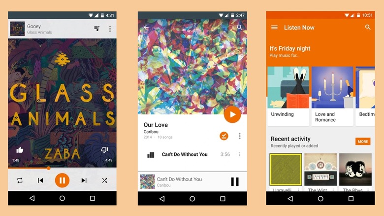 Screenshots of Play Music on orange background