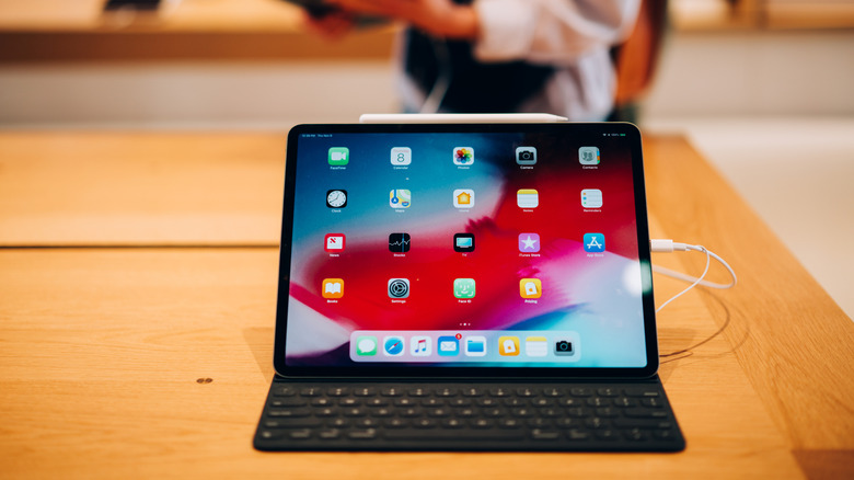 A 12.9-inch iPad Pro connected to a keyboard