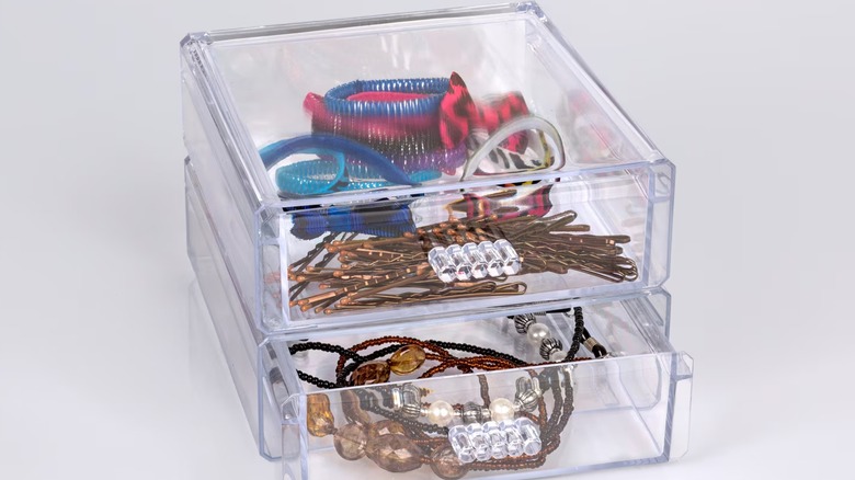 A stacked pair of Essentials Clear Plastic Desktop Organizer Drawers.