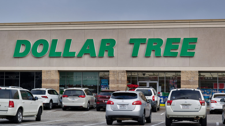 A Dollar Tree storefront and parking lot.