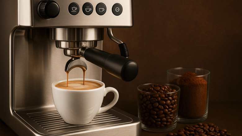 A coffee machine brewing coffee with a coffee bean jar placed next to it