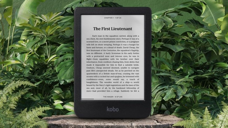 Kobo Clara BW placed on a stone surface with plants behind