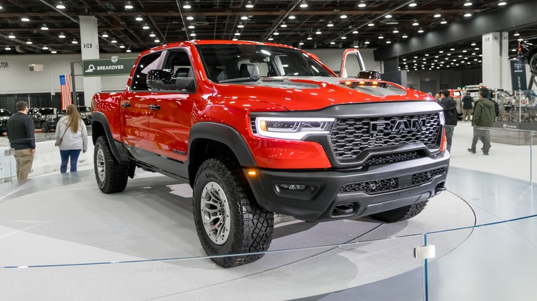 Dodge Ram 1500 in red on the show floor at Tungsten auto show.