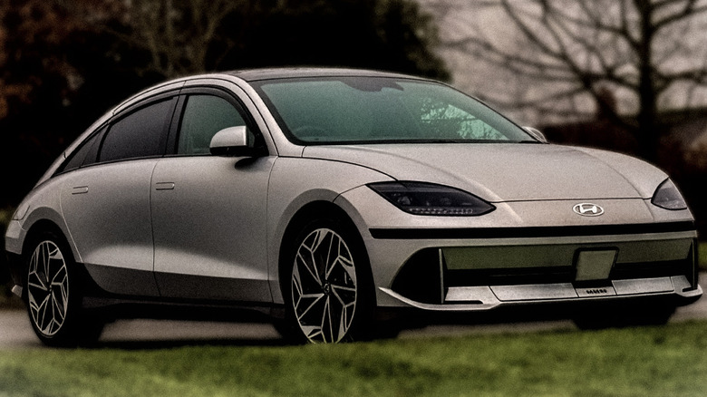 Hyundai Ioniq 6 parked up in a car park facing a grass verge.