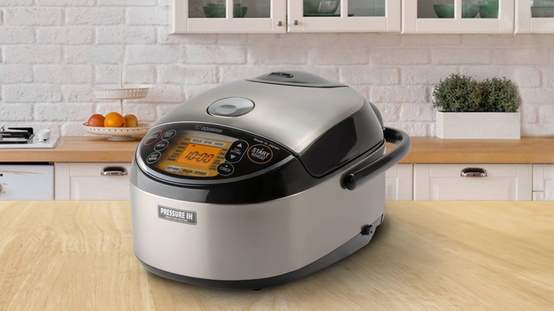 Zojirushi induction heat rice cooker on a kitchen countertop