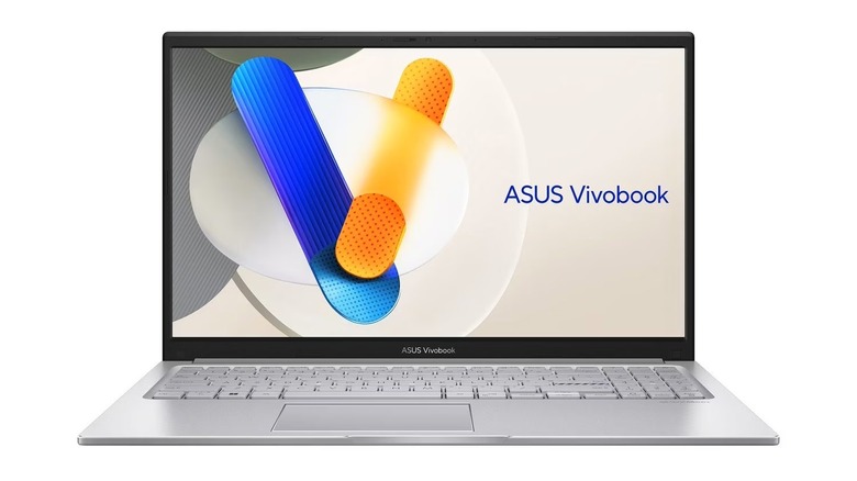 Asus Vivobook 15 with lid open showing logo on screen against white background