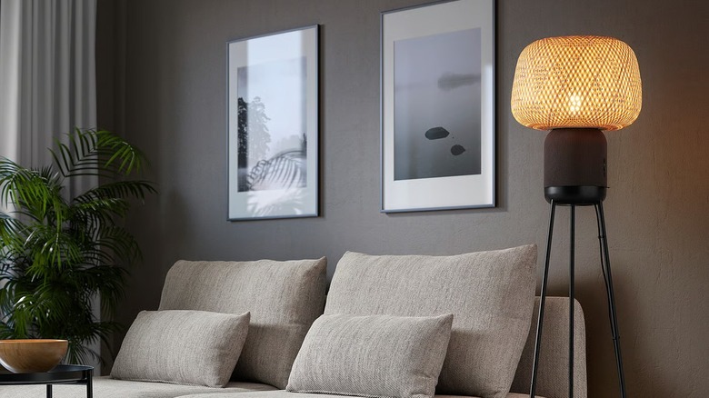 Symfonisk Floor Lamp with Wi-Fi Sonos Speaker lit up in living room