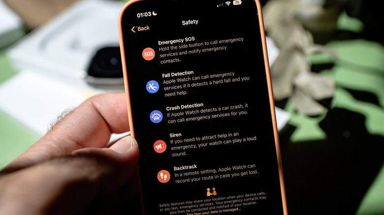 An iPhone showing various safety features, including Fall Detection.
