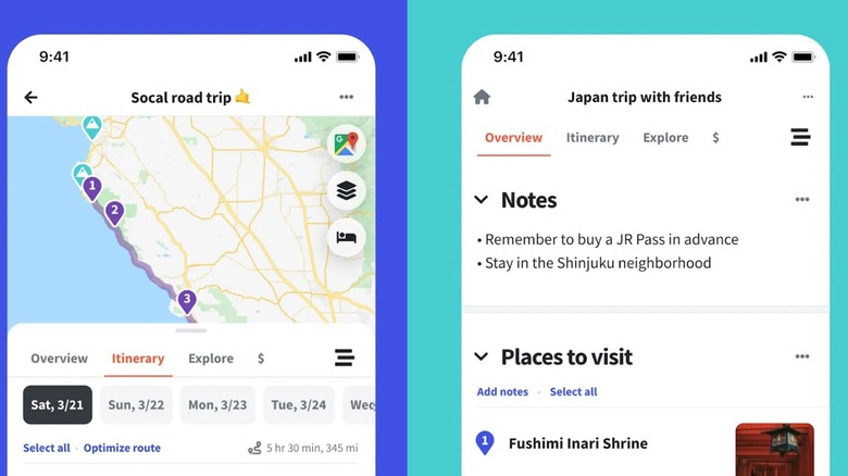 Screenshots of the Wanderlog app.
