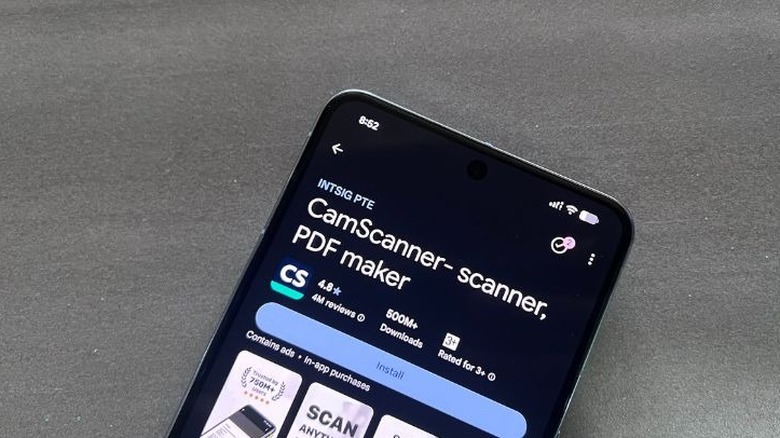 Smartphone showing CamScanner Play Store listing