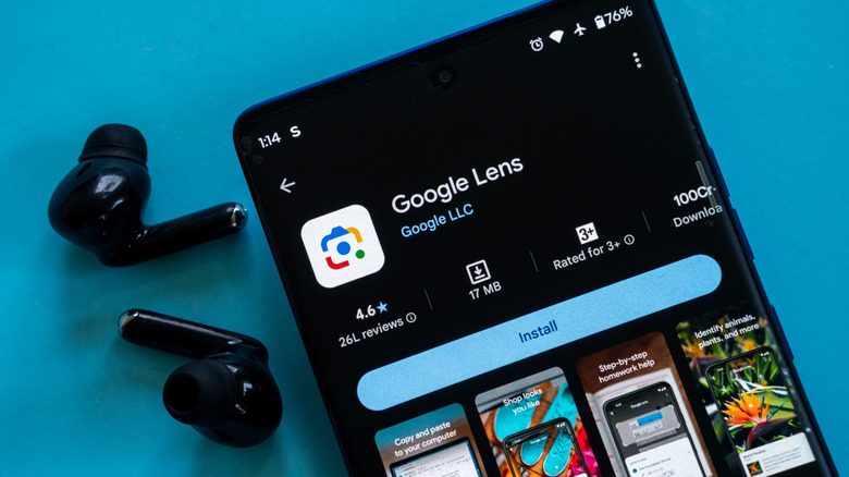 Smartphone displaying Google Lens Play Store listing page