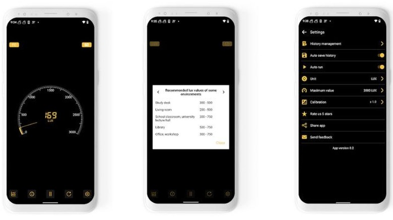 Lux Meter light meter app screens