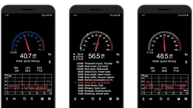 Sound Meter app screens showing sound measurement