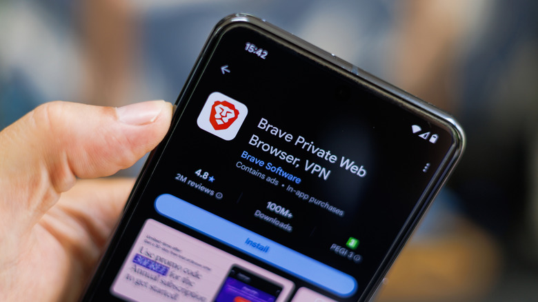 Brave Private Web Browser listing in the Google Play Store on an Android phone