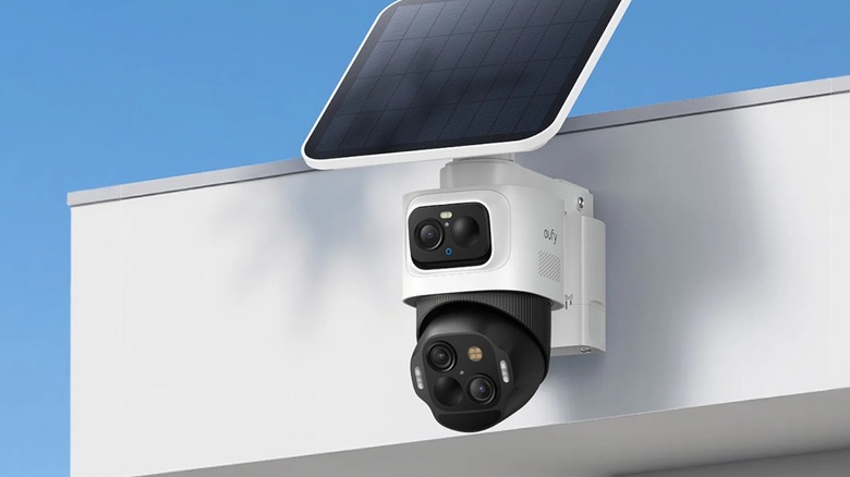 A security camera installed on the outside part of a house