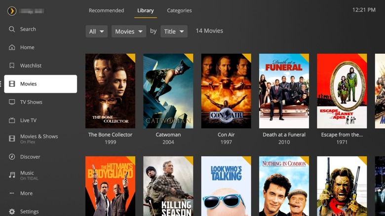 A screenshot of the Plex app displaying a list of movies, plus a sidebar with other content options available