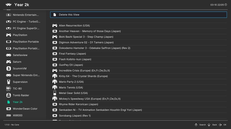 A screenshot of the RetroArch app showing a list of game titles along with a left-hand column listing a variety of game consoles