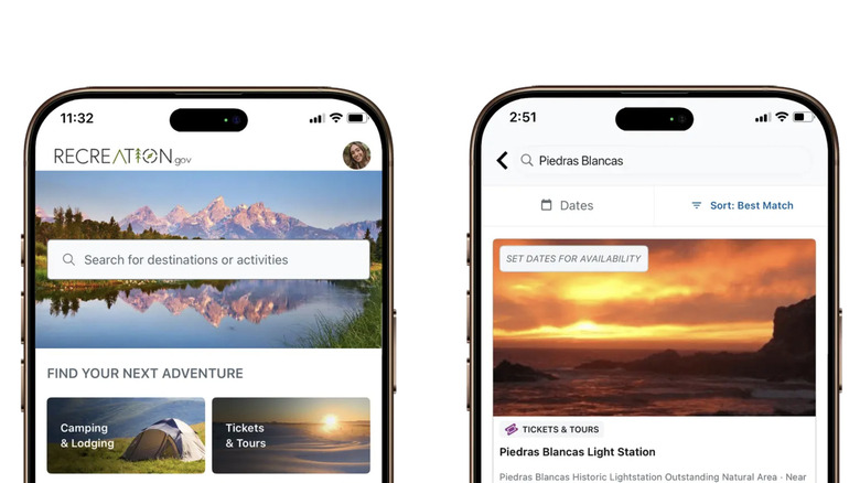 Shots of the recreation.gov app.