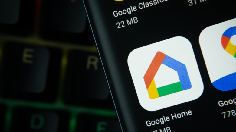 A closeup of the Google Home app icon on a phone screen