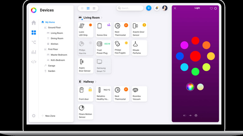 The Homey Devices dashboard depicted as a mockup on a laptop