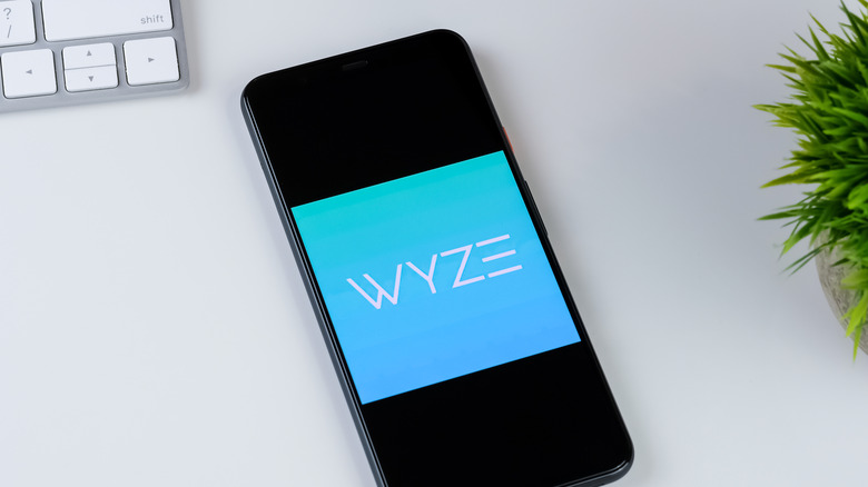 A phone sitting on a table with the Wyze app splash screen on it.