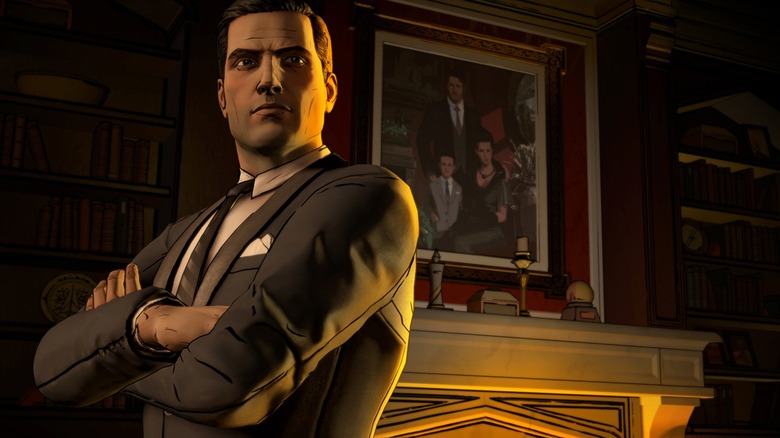 Bruce Wayne in front of fireplace in Wayne Manor in Batman The Telltale Series