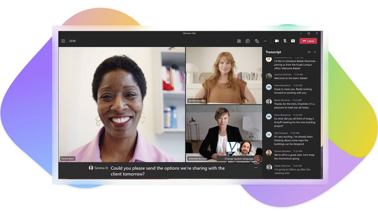 A Microsoft Teams meeting with live captioning and transcription on for accessibility.