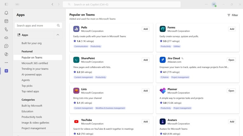 Microsoft Teams apps page listing popular apps including Polls, Forms, and YouTube