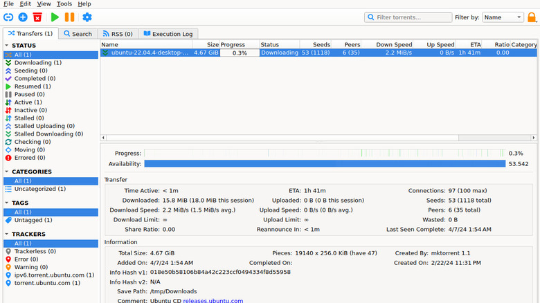 Screenshot of qBittorrent showing main screen downloading Ubuntu ISO