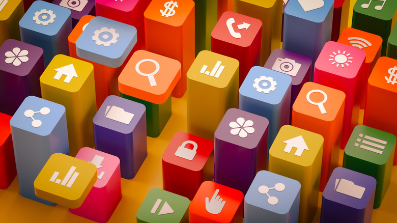 Colorful icons rising from the background