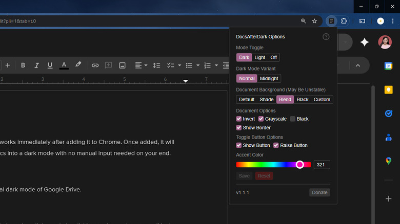 Using DocsAfterDark Chrome extension for Google Docs