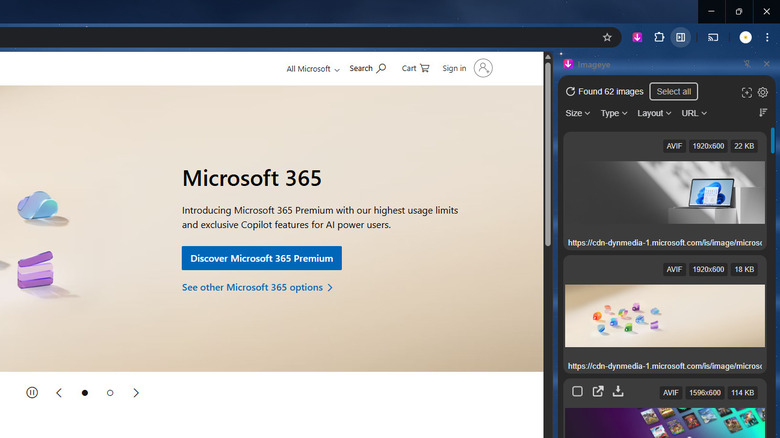 Using Imageye Chrome extension to download images on Microsoft's website
