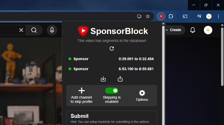 SponsorBlock for YouTube Chrome extension showing sponsorship segments in YouTube
