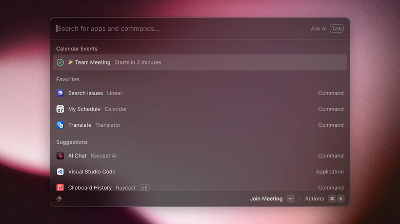 Raycast's root search with Calendar Event