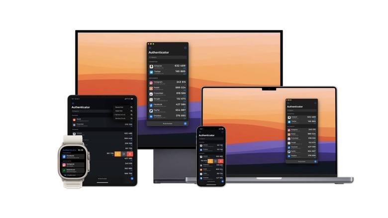 Promotional image of Authenticator app by 2Stable on a MacBook Pro, iPad, Apple Watch, iPhone, and monitor