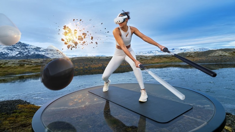 Screenshot of woman hitting balls in a virtual environment