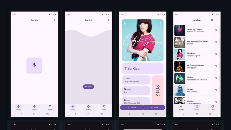 Several screenshots showing the Audire application in action