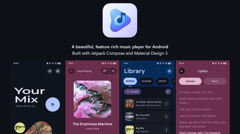 Several screens displaying the PixelPlayer application