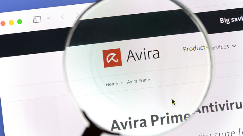 A magnifying glass over the Avira website.