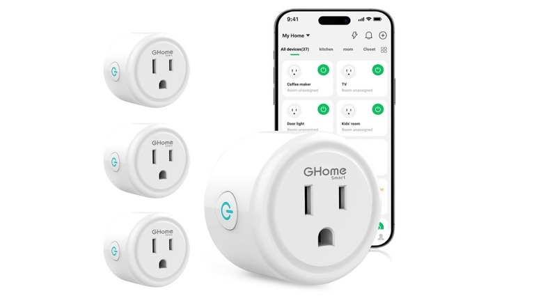 GHome Smart Plugs with a smartphone app showing connected devices.