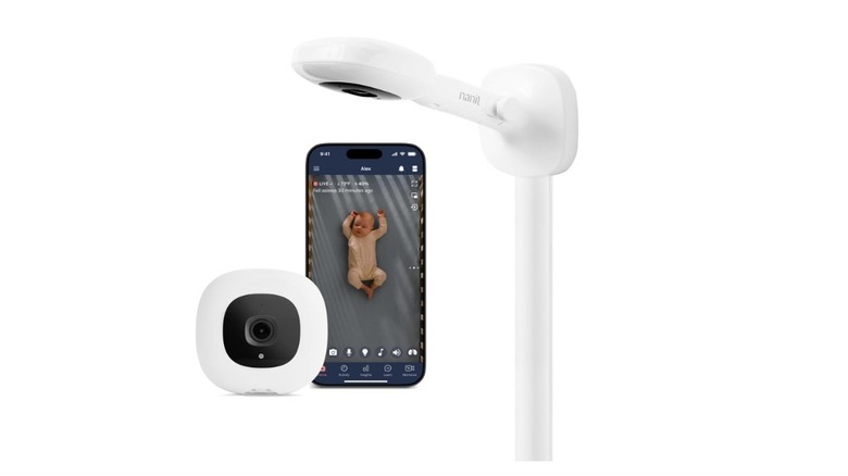 Nanit Smart Baby Video Monitor showing the camera, wall mount, and smartphone app separately.