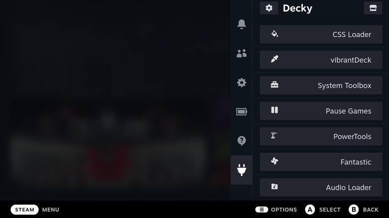 Decky Loader screenshot showing slide-out menu
