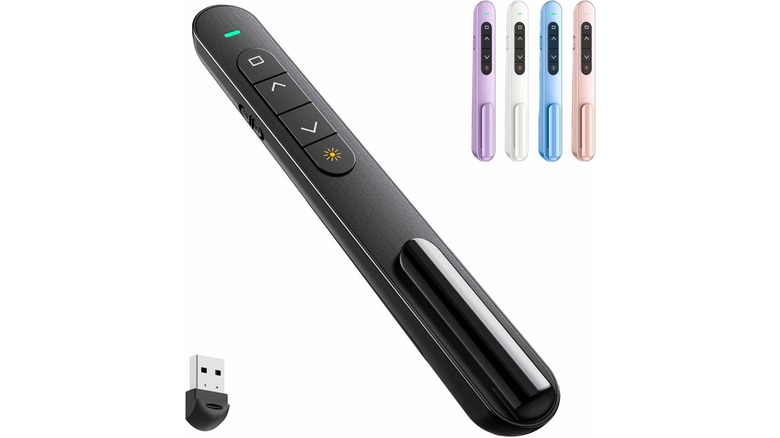 An Amazon promotional photo of the QUI Wireless Presentation Clicker, the image focuses on the black model, though it shows small renderings of the four other available color options