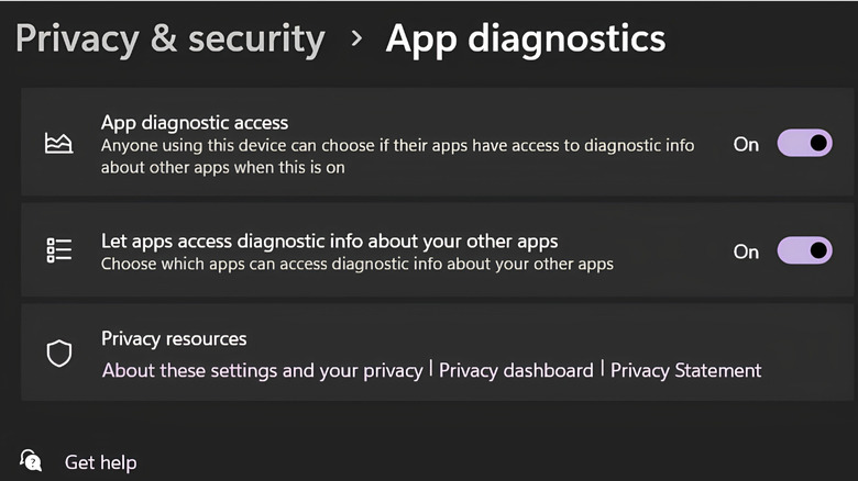 Screenshot of the App diagnostics menu in Windows 11