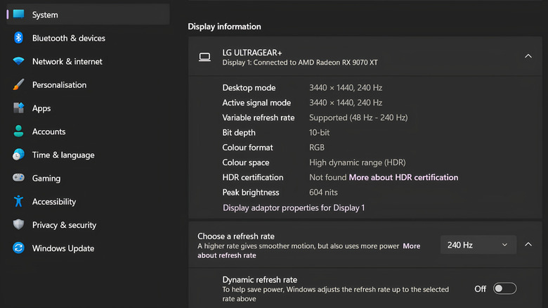 Screenshot of the advanced display settings menu in Windows 11