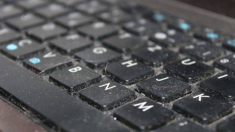 A keyboard covered in dust and hair.